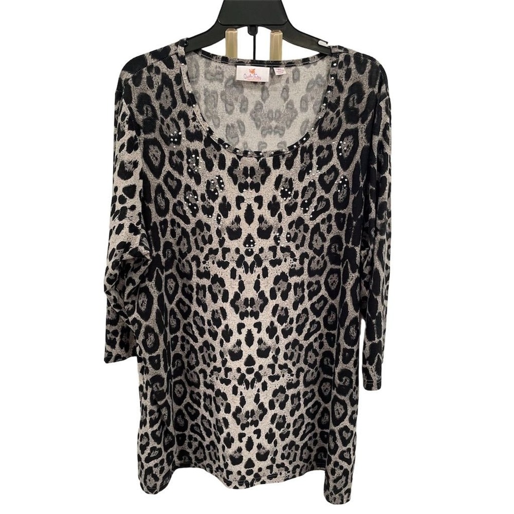 Quacker Factory‎ Women's Sz 2X Leopard Print Blouse 3/4 Sleeve Scoop Neck AK48